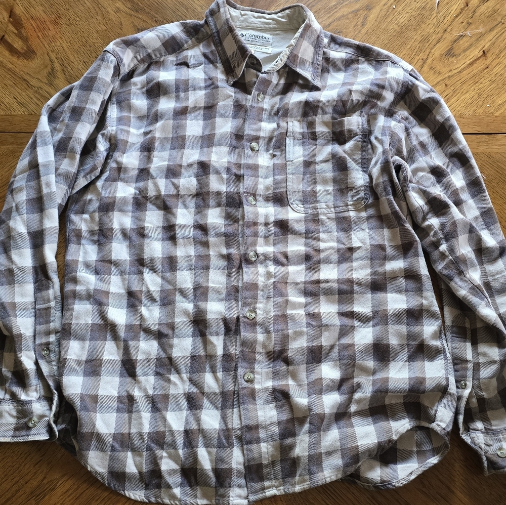 Columbia Men's brown and white plaid Shirt - medium